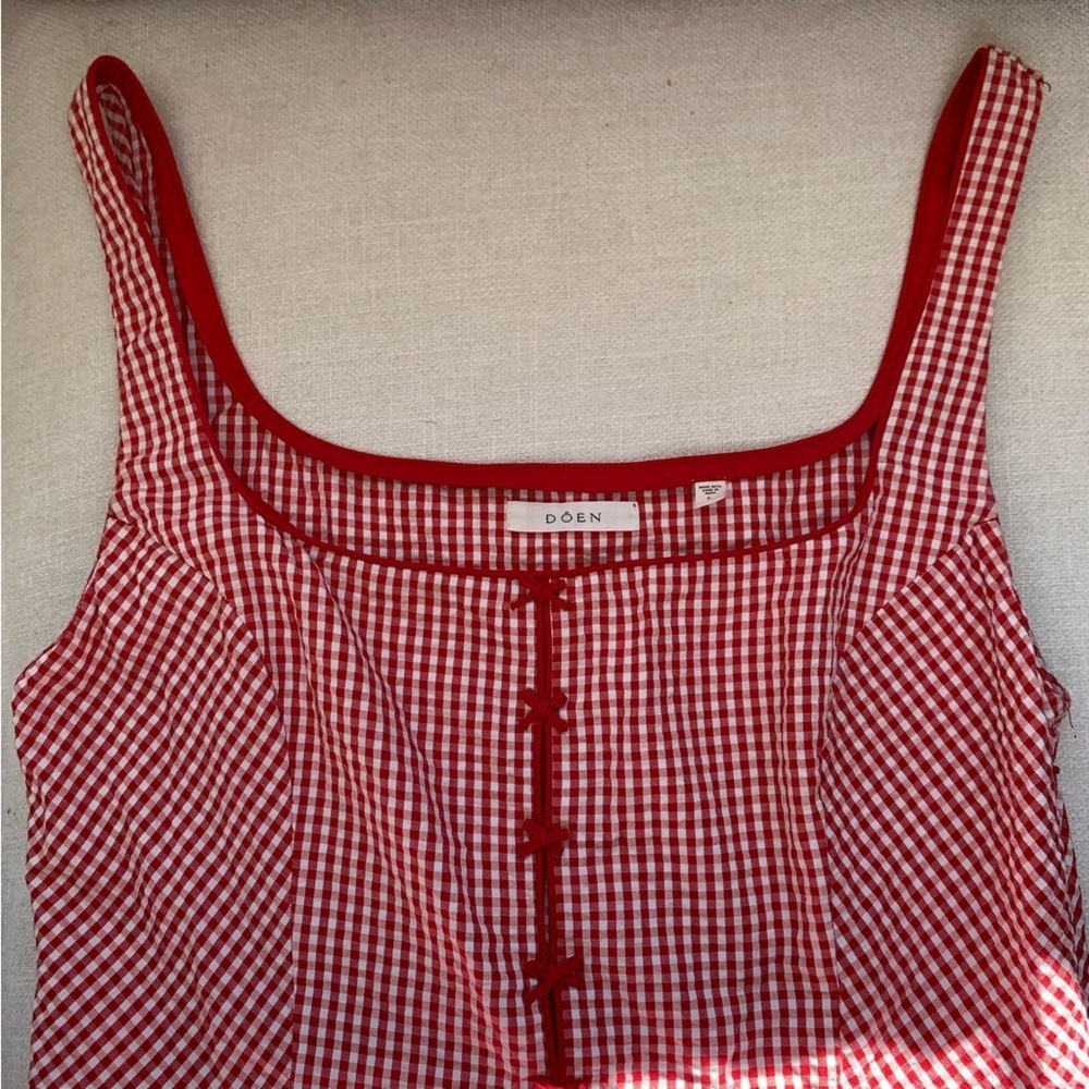 Doen Delaney Cotton Bow A Line Midi Maxi Dress Red Rouje La Maddalena Gingham - Picture 10 of 15
